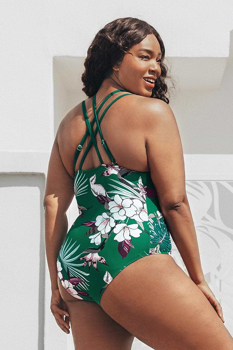 Große Größen Badeanzug mit Floral-Muster in Grün