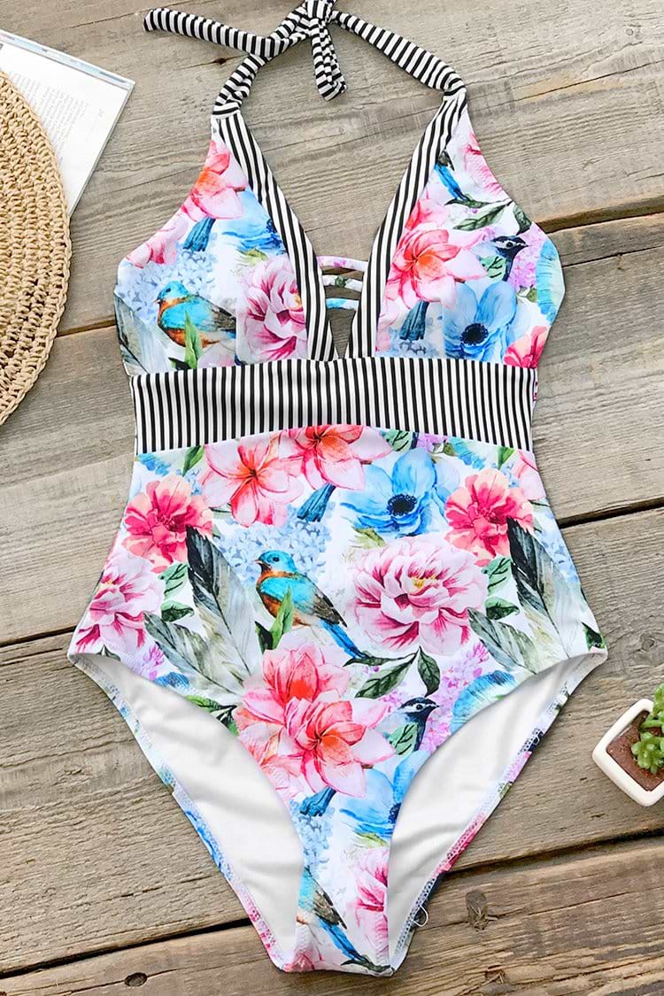 Blumen und Vögel Streifen Badeanzug