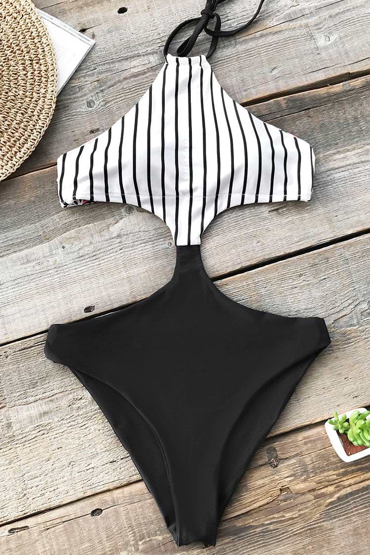 Beidseitig Blumen und Streifen Badeanzug