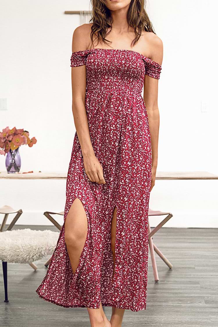 Rotes Blumen Schulterfreies Kleid