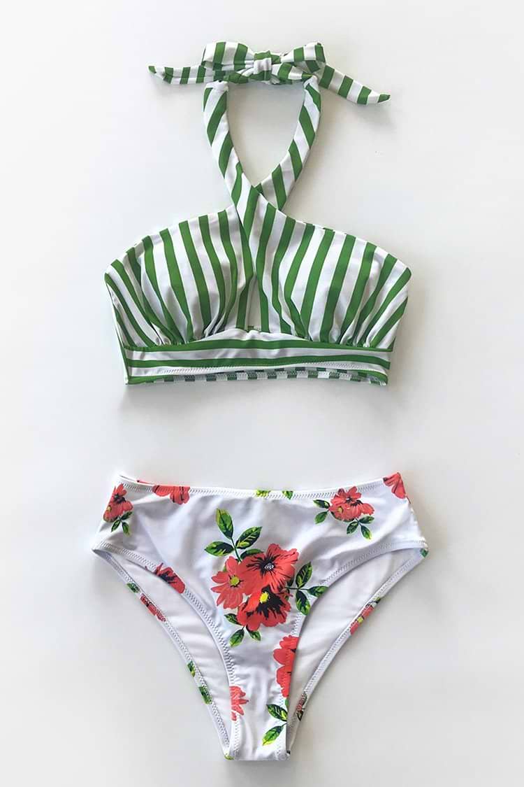 Streifen und Blumen Kreuz Wickeln Bikini
