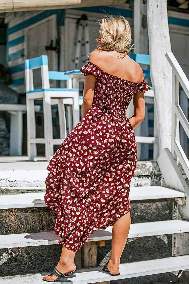 Rotes Blumen schulterfrei Midi-Kleid