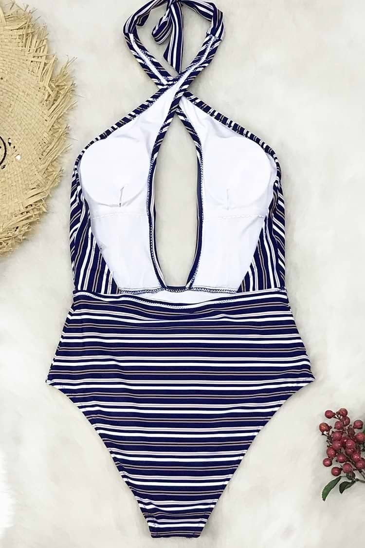 Blau Streifen Wickel Badeanzug