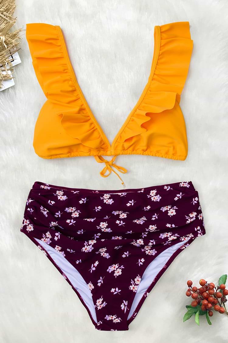 Bikini à Volants Jaune et Pourpre