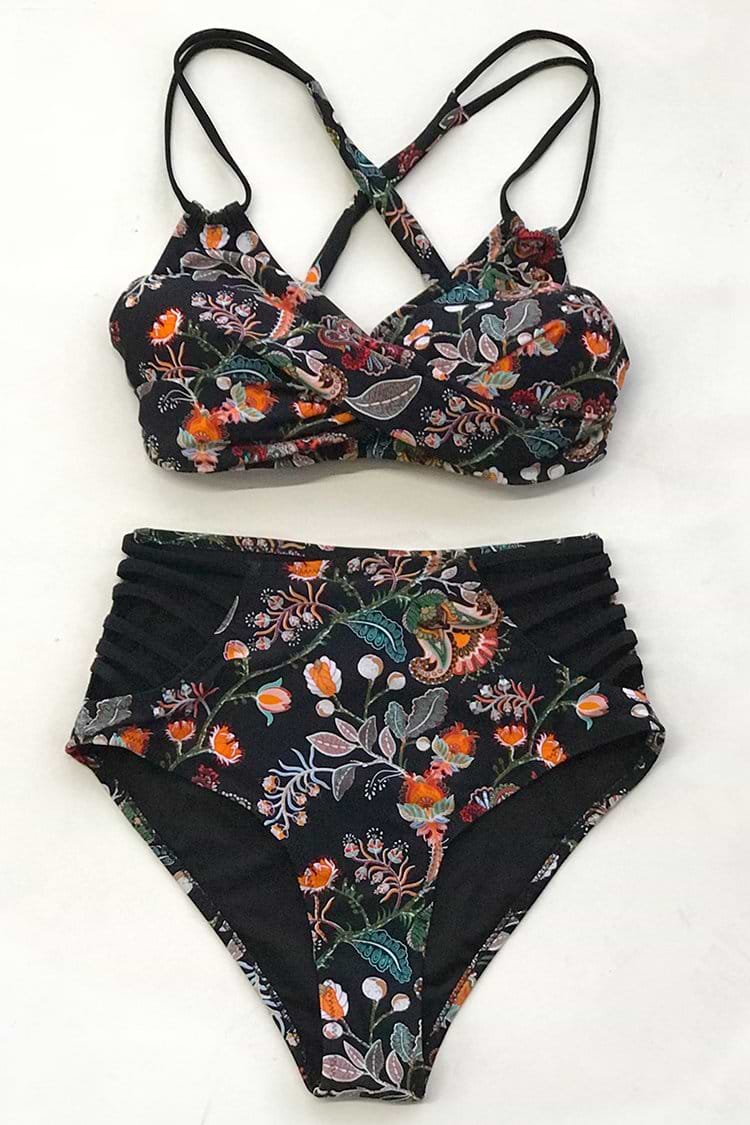 Bikini taille haute imprimé floral noir