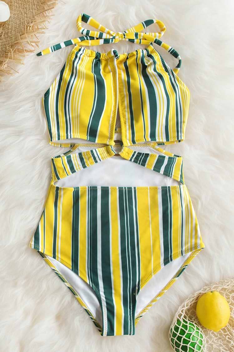 Maillot de bain une-pièce imprimé rayé gris jaune et blanc