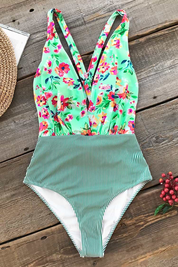 Maillot de bain col en V prolongeant imprimé floral