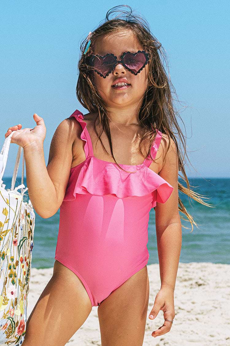 Girls Pink Shiny Retro Solid Ruffled One Piece Swimsuit