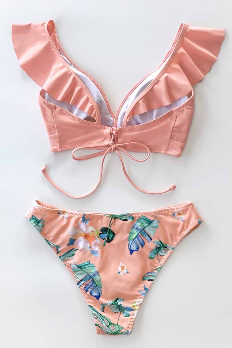 Bikini à volants rose tropical