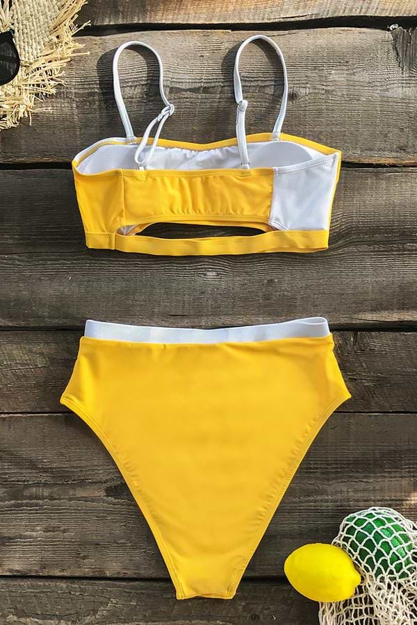 Bikini taille haute à découpes jaune et blanc