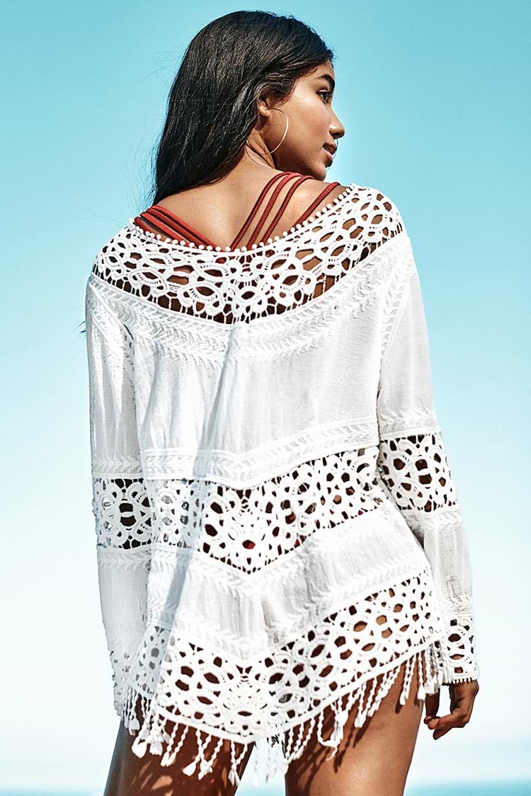 Cover up ciselé à frange blanc