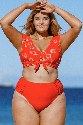 Plus Size Red Tummy Control Bikini Swimsuit-Cupshe UK