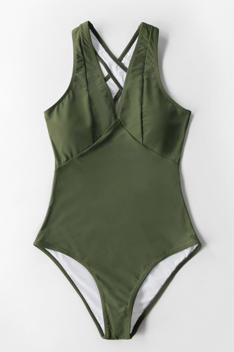 Maillot de bain une-pièce col V vert olive