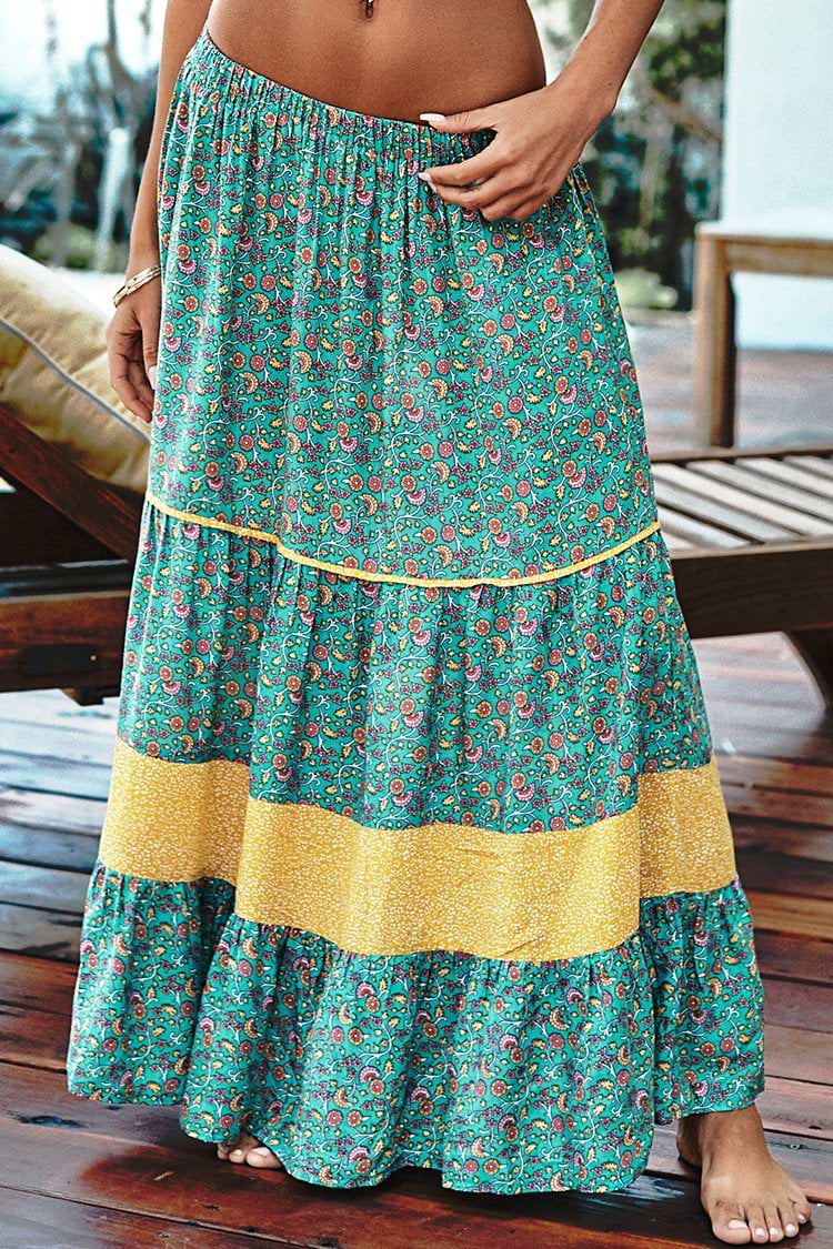 Jupe longue à fleurs bleu paon et jaune