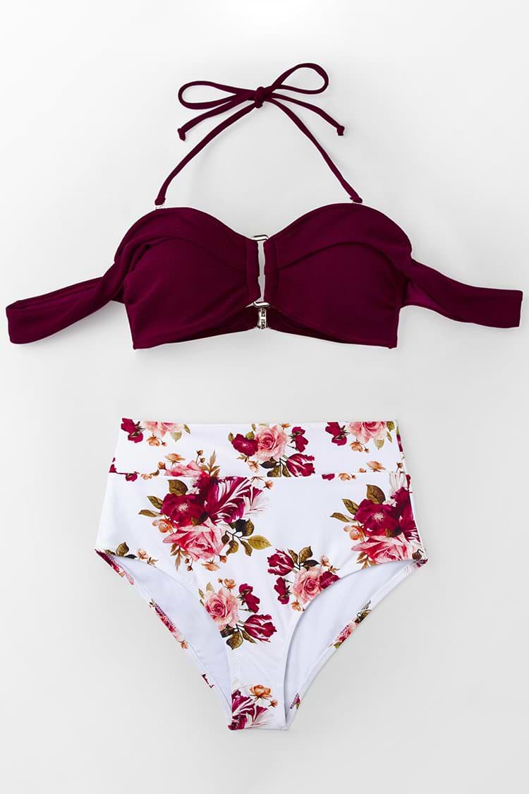 Bikini Romantique Rouge Et Floral À Taille Haute
