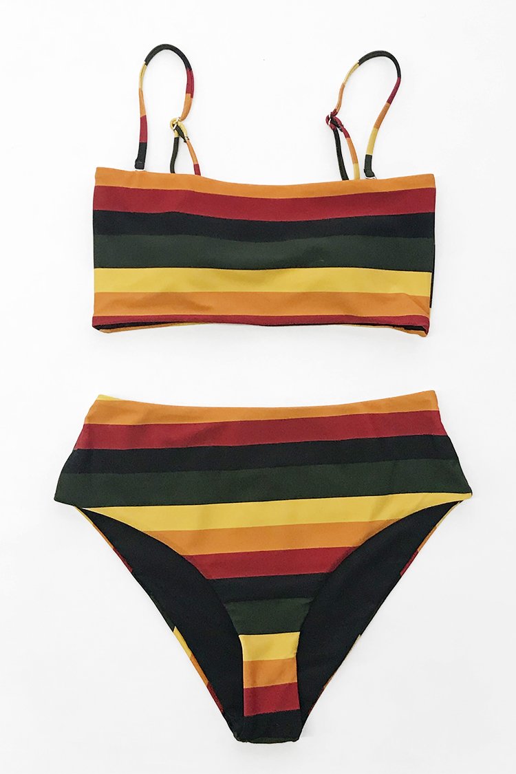 Bikini Réversible à Rayures Noires et Jaunes