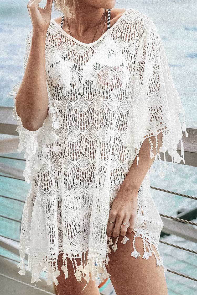 Cover Up Tunique en dentelle blanche avec bordure à franges