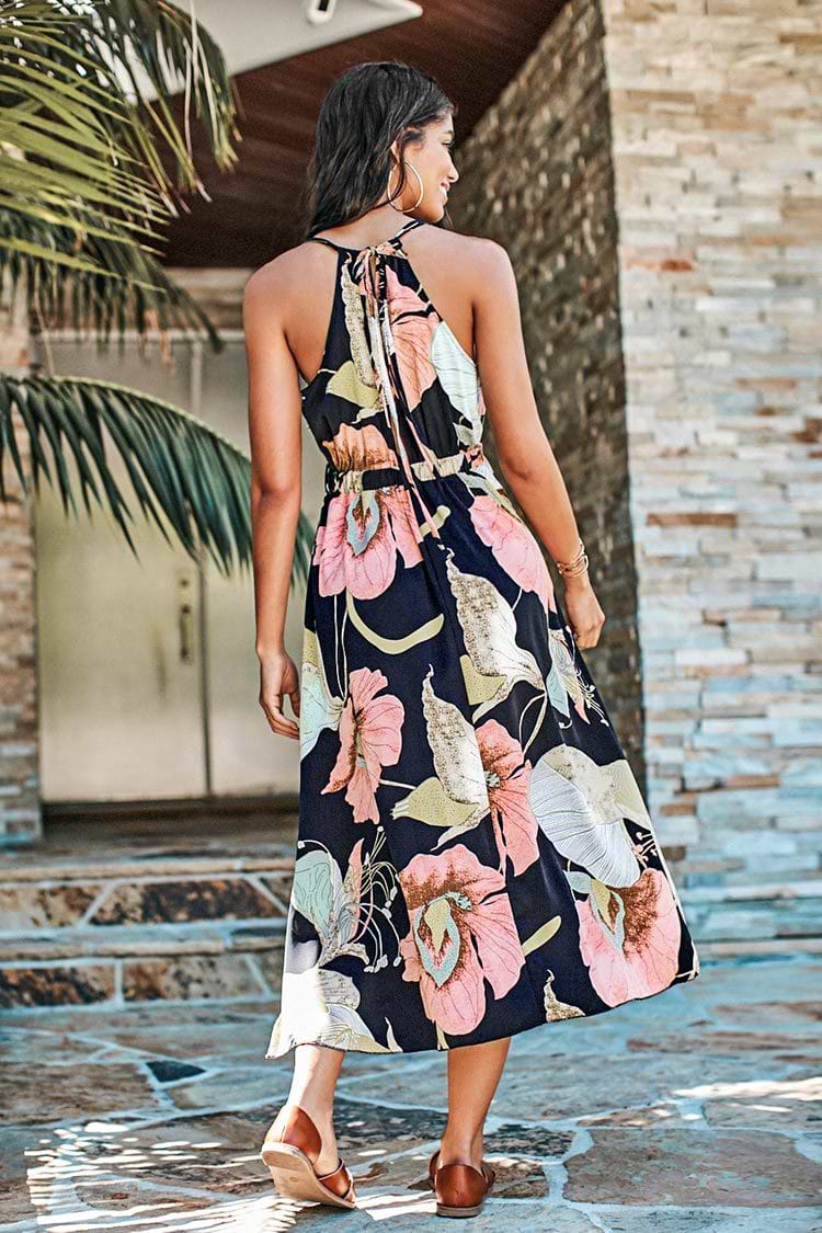 Robe longue imprimée floral à licou