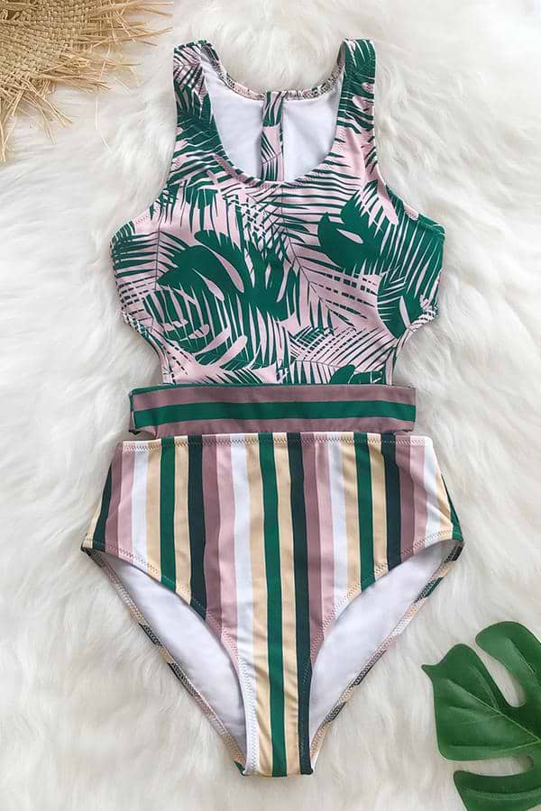 Maillot de bain une pièce imprimé palme et rayure