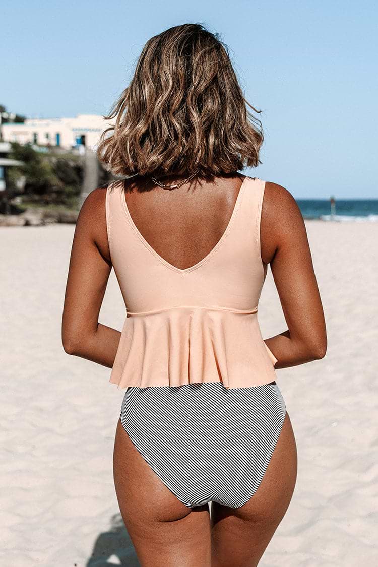 Bikini à Péplum Rose et à Rayures