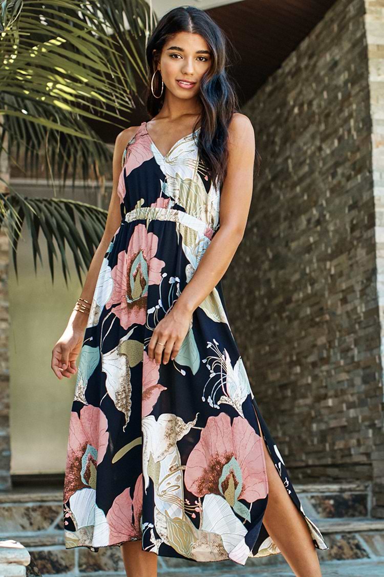 Robe longue imprimée floral à licou