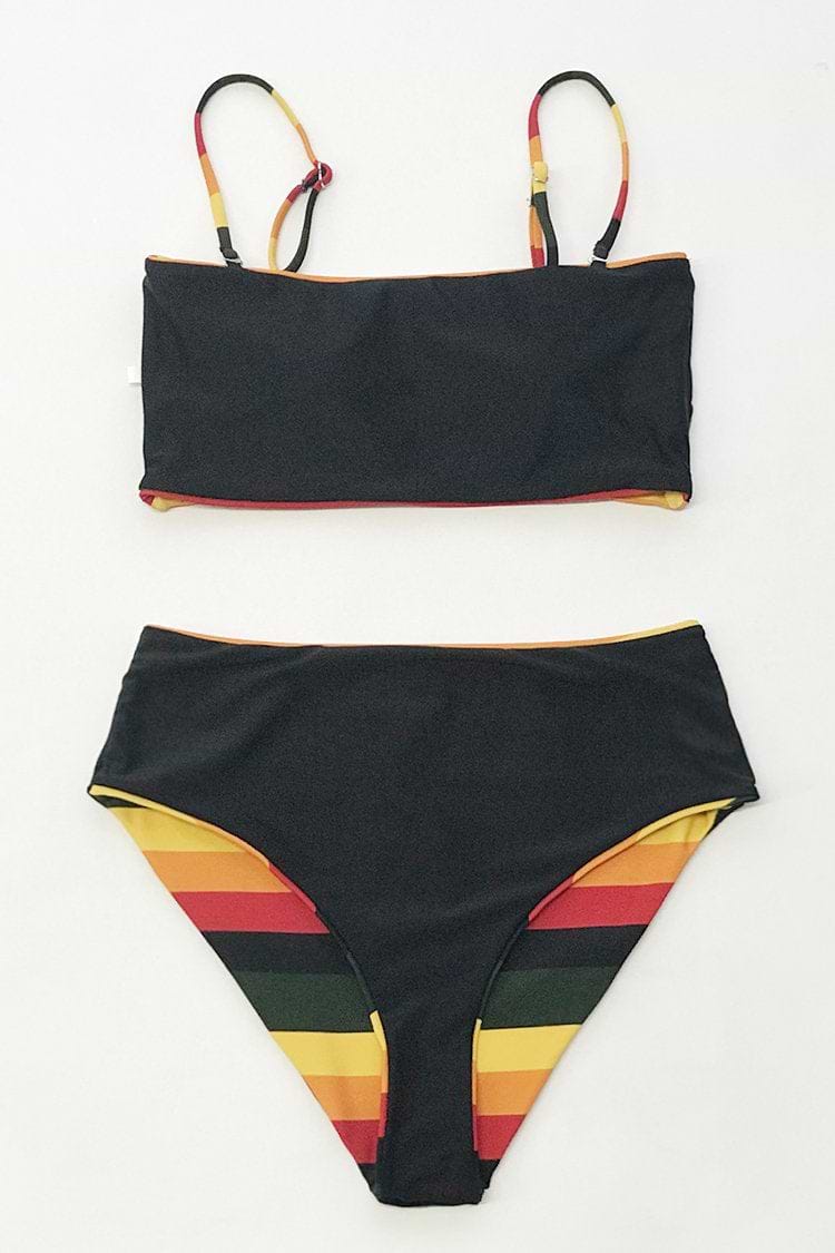 Bikini Réversible à Rayures Noires et Jaunes