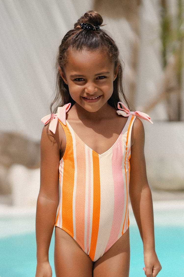 Happy Stripe Girls' Fixed Shoulder Bow Tie One Piece Swimsuit