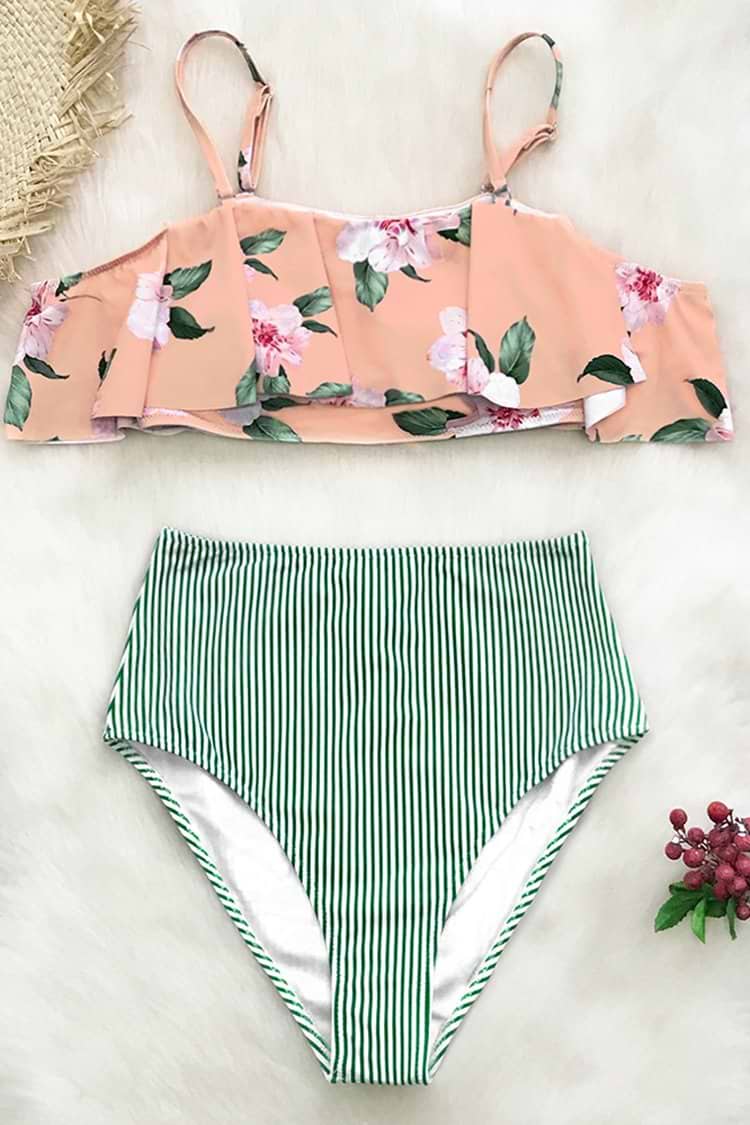Bikini Falbala à Rayures Verts et Floral Rose