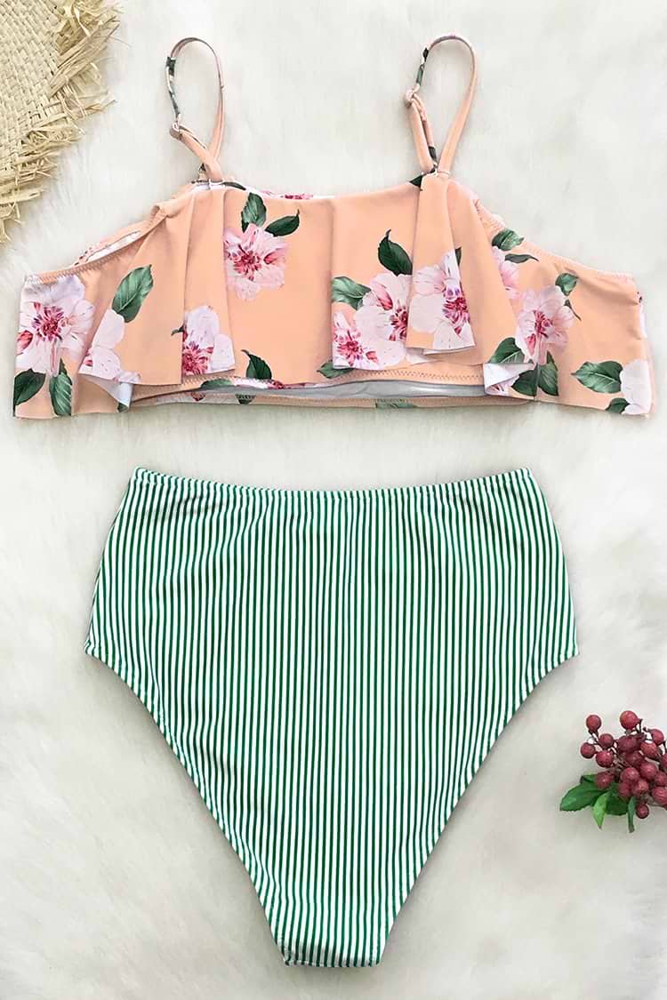 Bikini Falbala à Rayures Verts et Floral Rose
