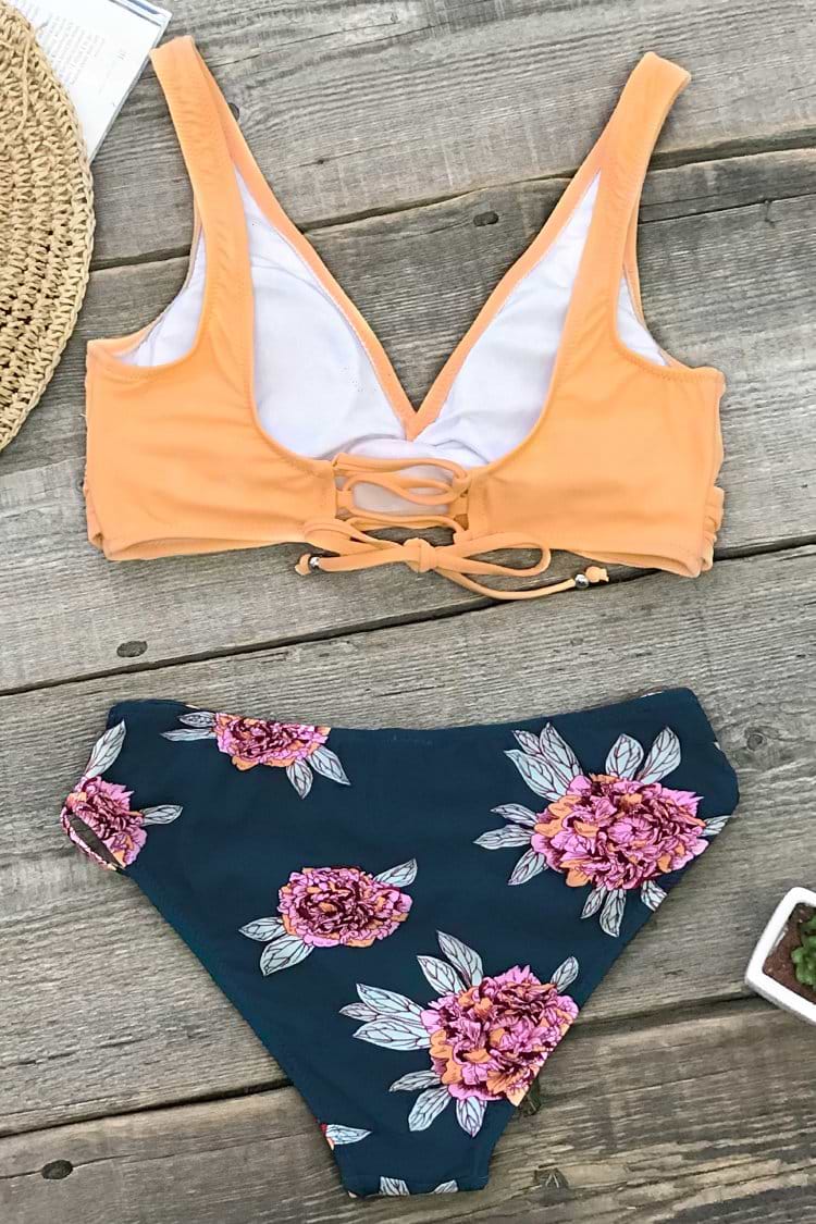 Bikini croisé à lacets imprimé floral orange
