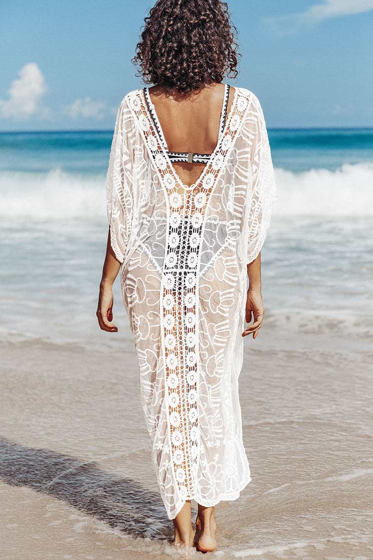 Cover up transparent à col en V en crochet blanc