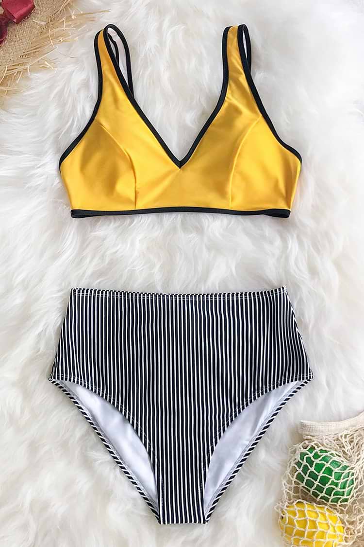 Bikini taille haute à rayures jaunes et noires