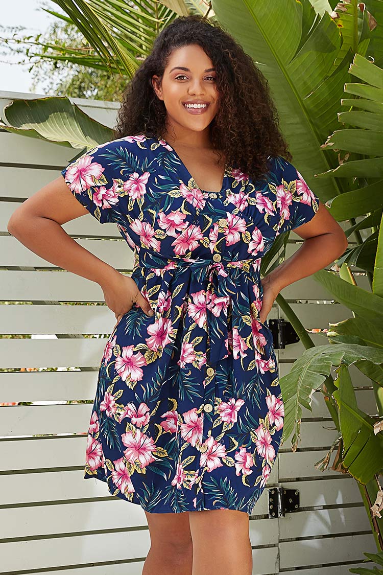 Robe grande taille col en V bleu marine imprimé floral