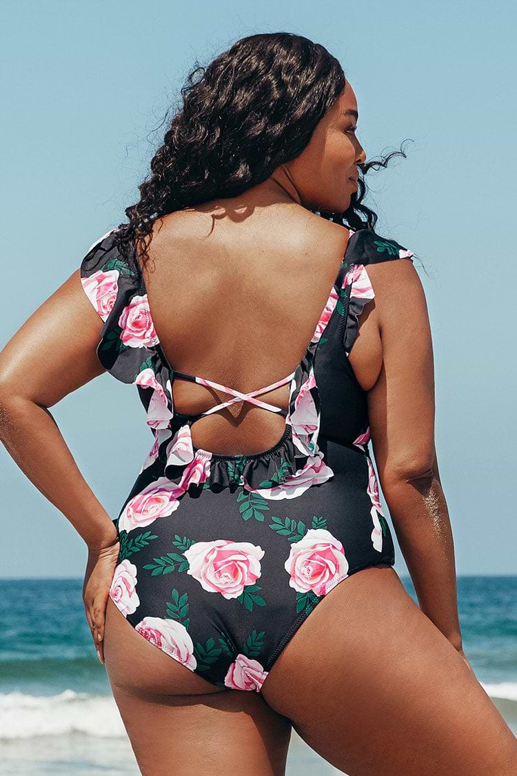 Maillot de bain une pièce grande taille à volants floral