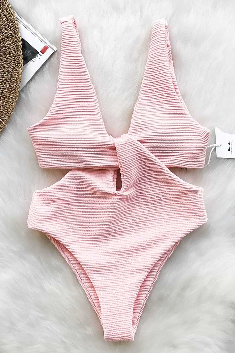 Maillot de bain une pièce col en V à découpes rose