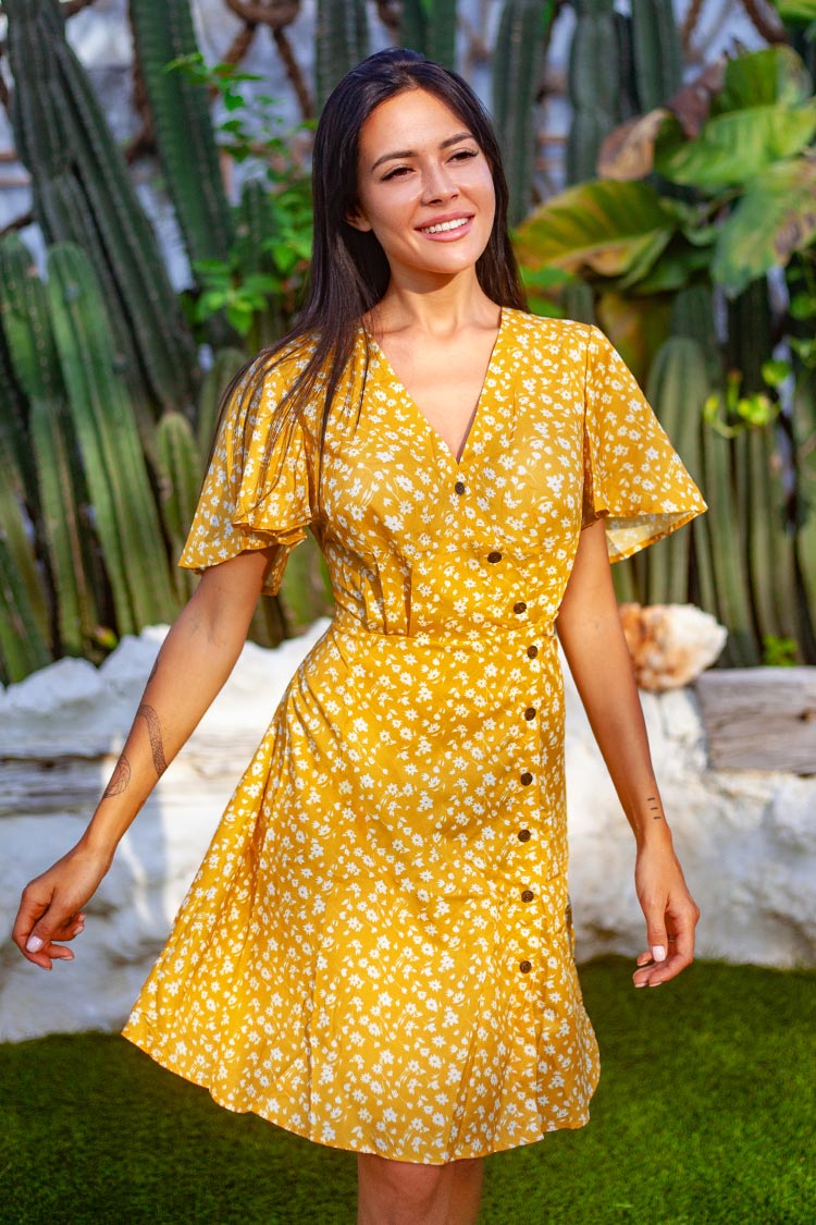 Robe midi boutonnée à fleurs jaune