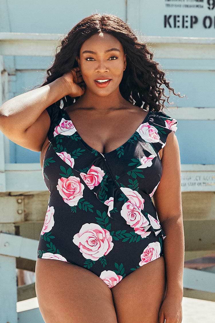 Maillot de bain une pièce grande taille à volants floral