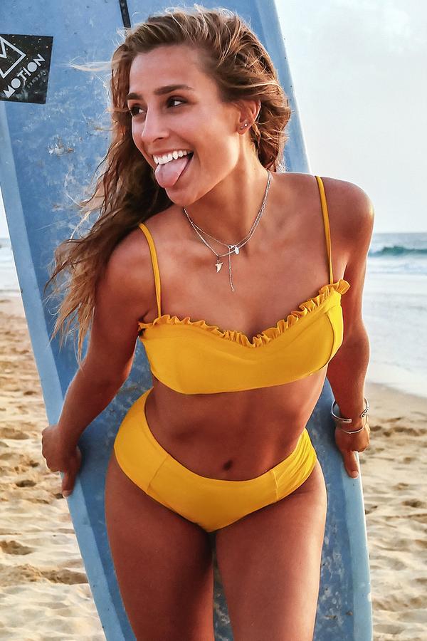 Bikini taille haute à bandeau à volants jaune