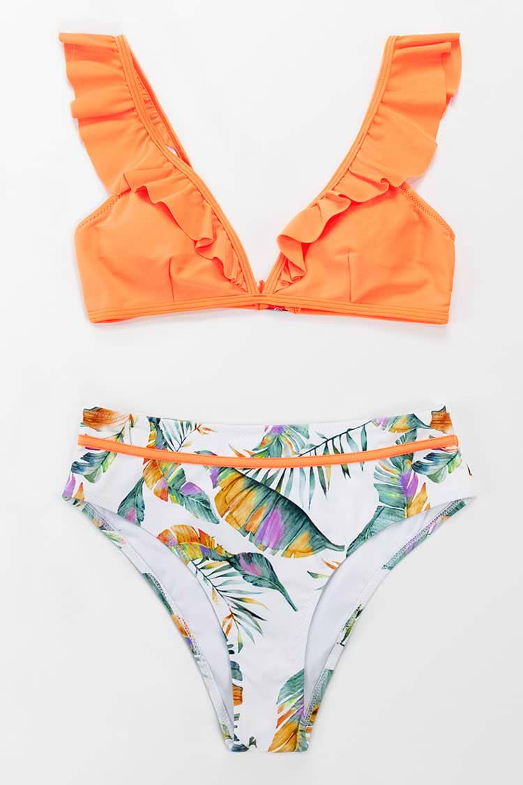 Bikini à volants orange doux et imprimé floral