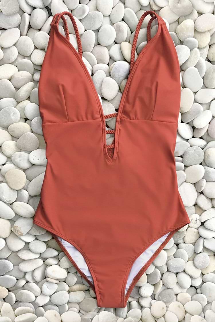 Une-pièce Orange Vif à Lanières Tressées