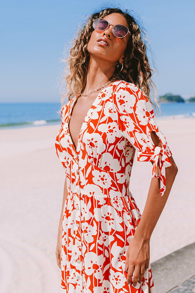 Kayley V-neck Tie Fitted Waisted Bubble Sleeve A-Shape Dress