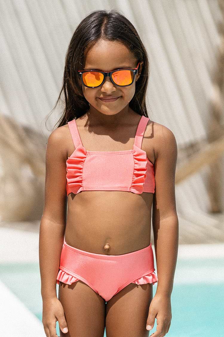 Girls’Pink Shiny Tricot Ruffled Bralette And Hipster Bikini Set