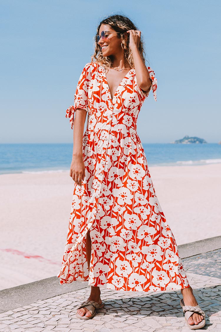 Kayley V-neck Tie Fitted Waisted Bubble Sleeve A-Shape Dress