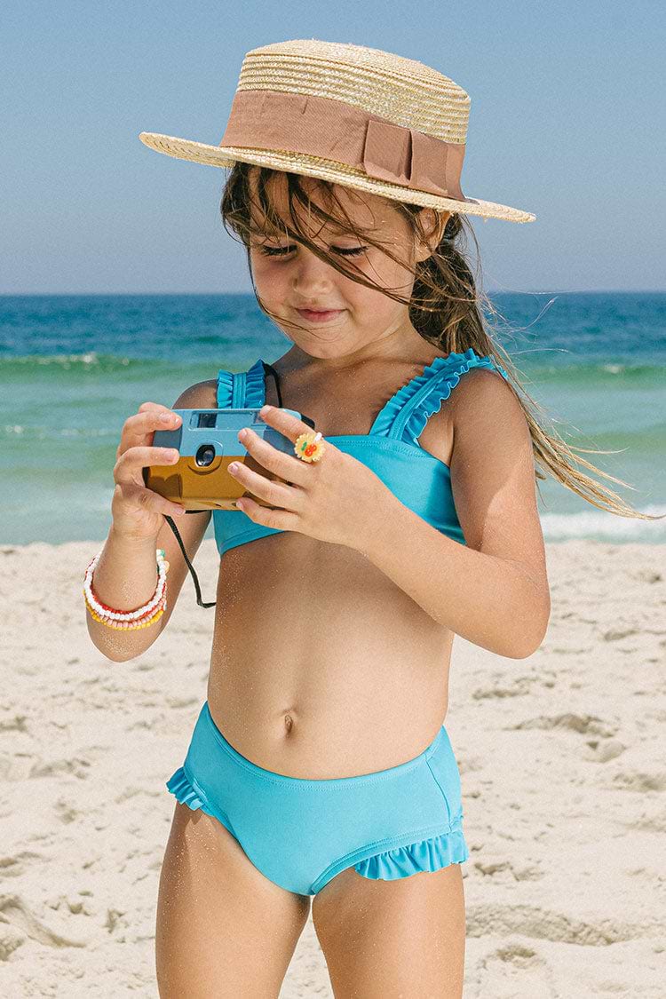 Girls Blue Ruffled Strap Bralette Bikini Set