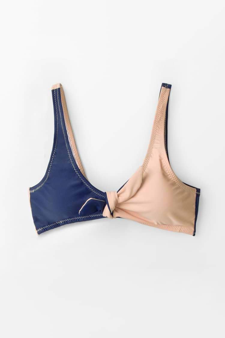 Blau Und Aprikosen Block Tie Front Bikini Oberteil