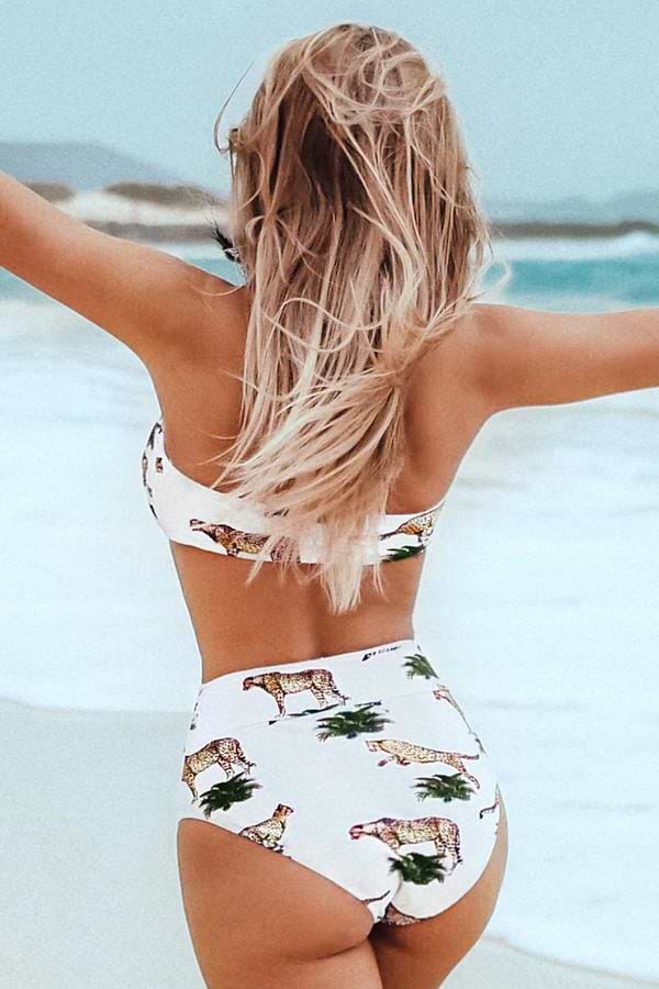 Bikini taille haute à lacets et imprimé léopard