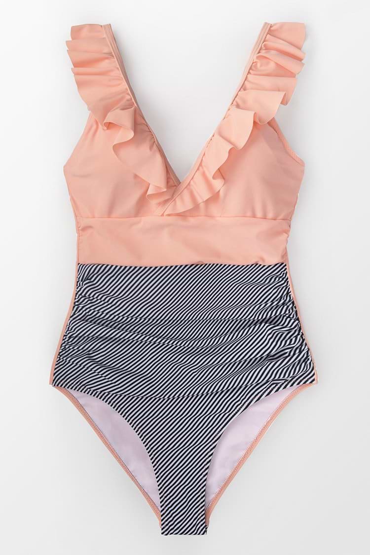 Maillot de bain une-pièce plongeant pêche et rayures