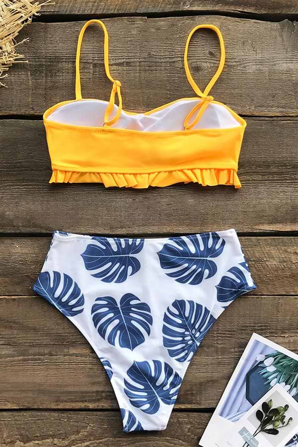 Gelb und Monstera Print Bikini