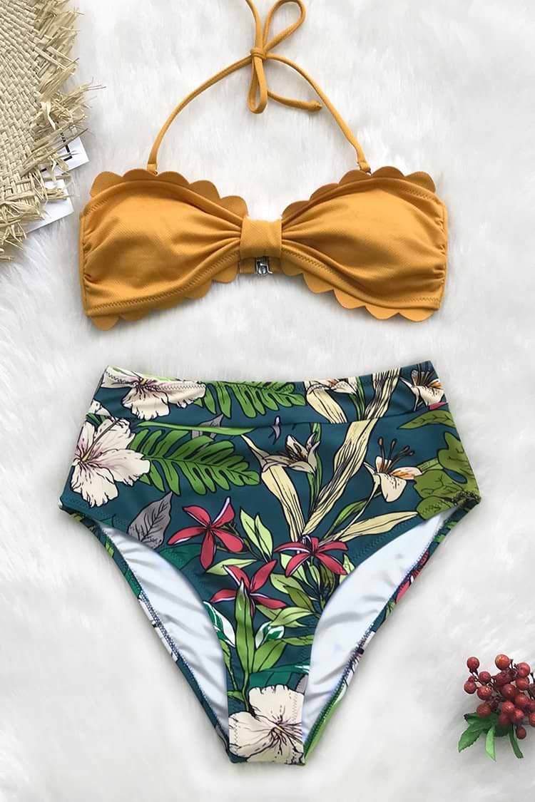 Bikini Taille Haute à Floral Tropical Jaune