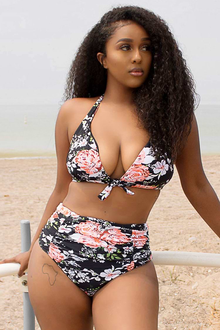 Bikini grande taille à lacets et imprimé floral